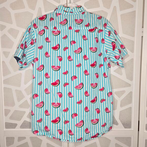 Distortion Mens Modern Watermelon Striped Short Sleeve Button Down Shirt SZ LG - Picture 4 of 4